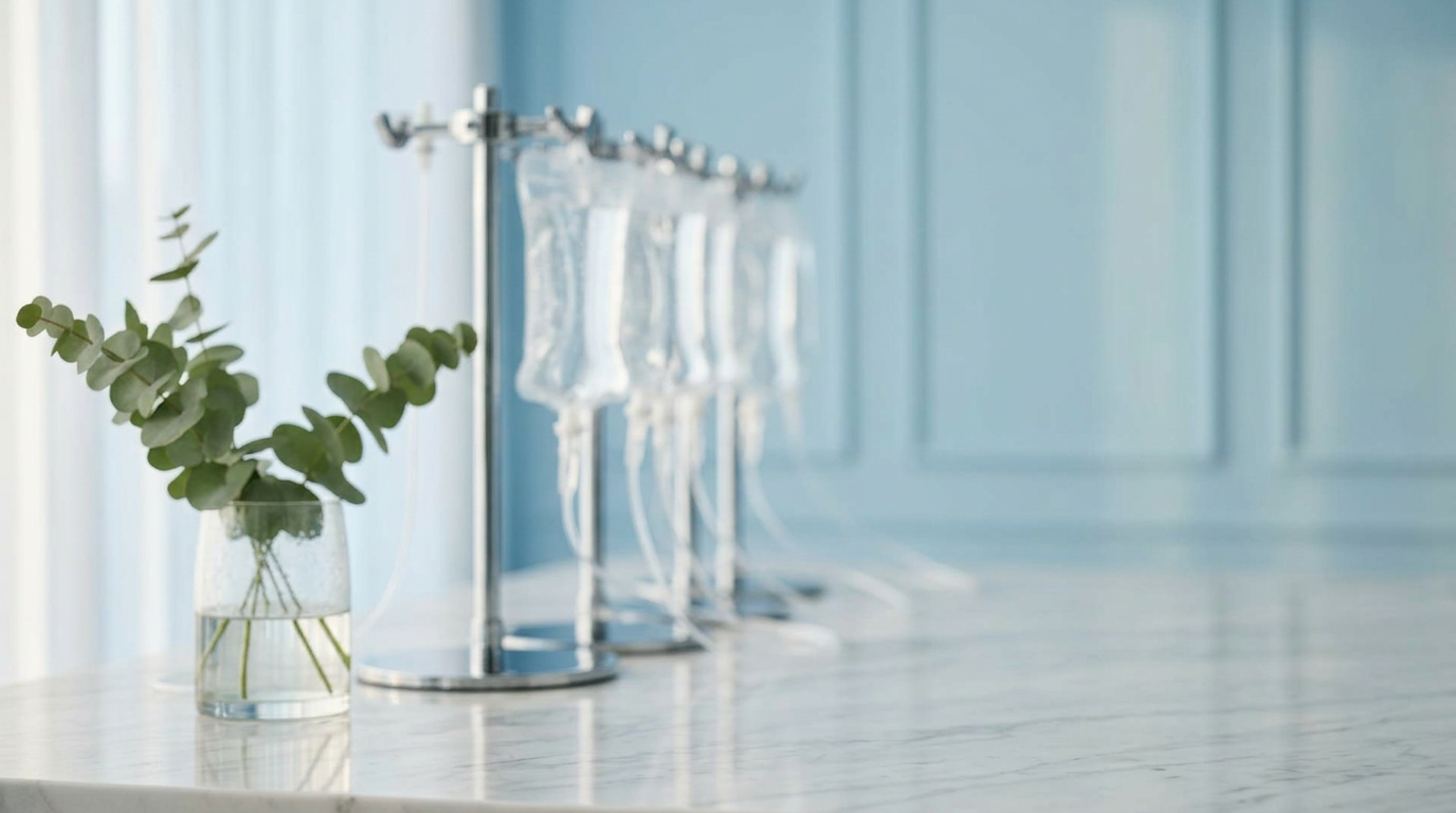 Calm marble surface with IV stands and eucalyptus