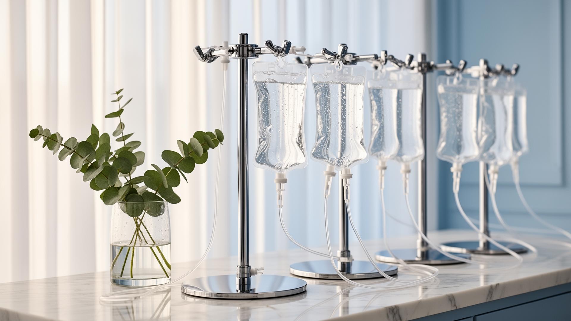 Clear vials and IV bags arranged on marble in a bright wellness studio