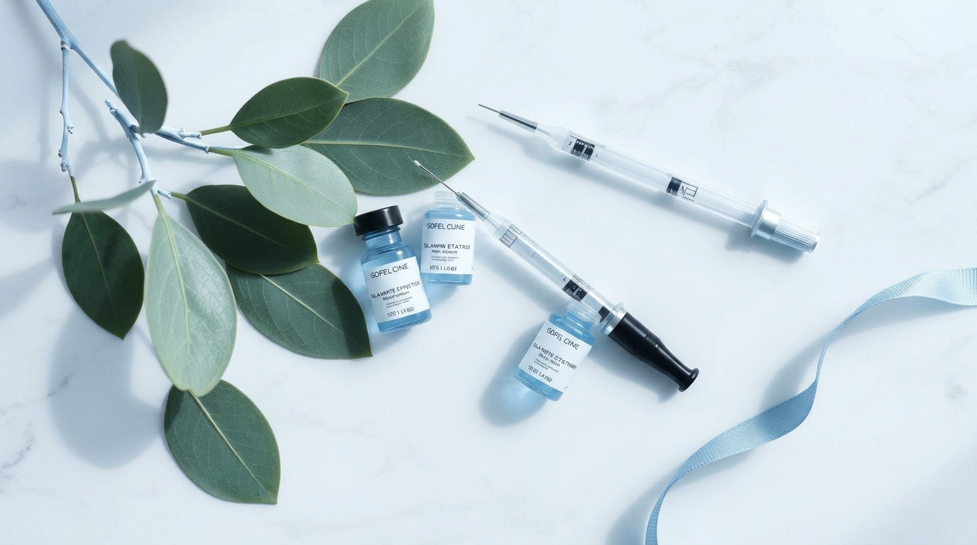 Vitamin injection vials on marble in a luxury wellness studio
