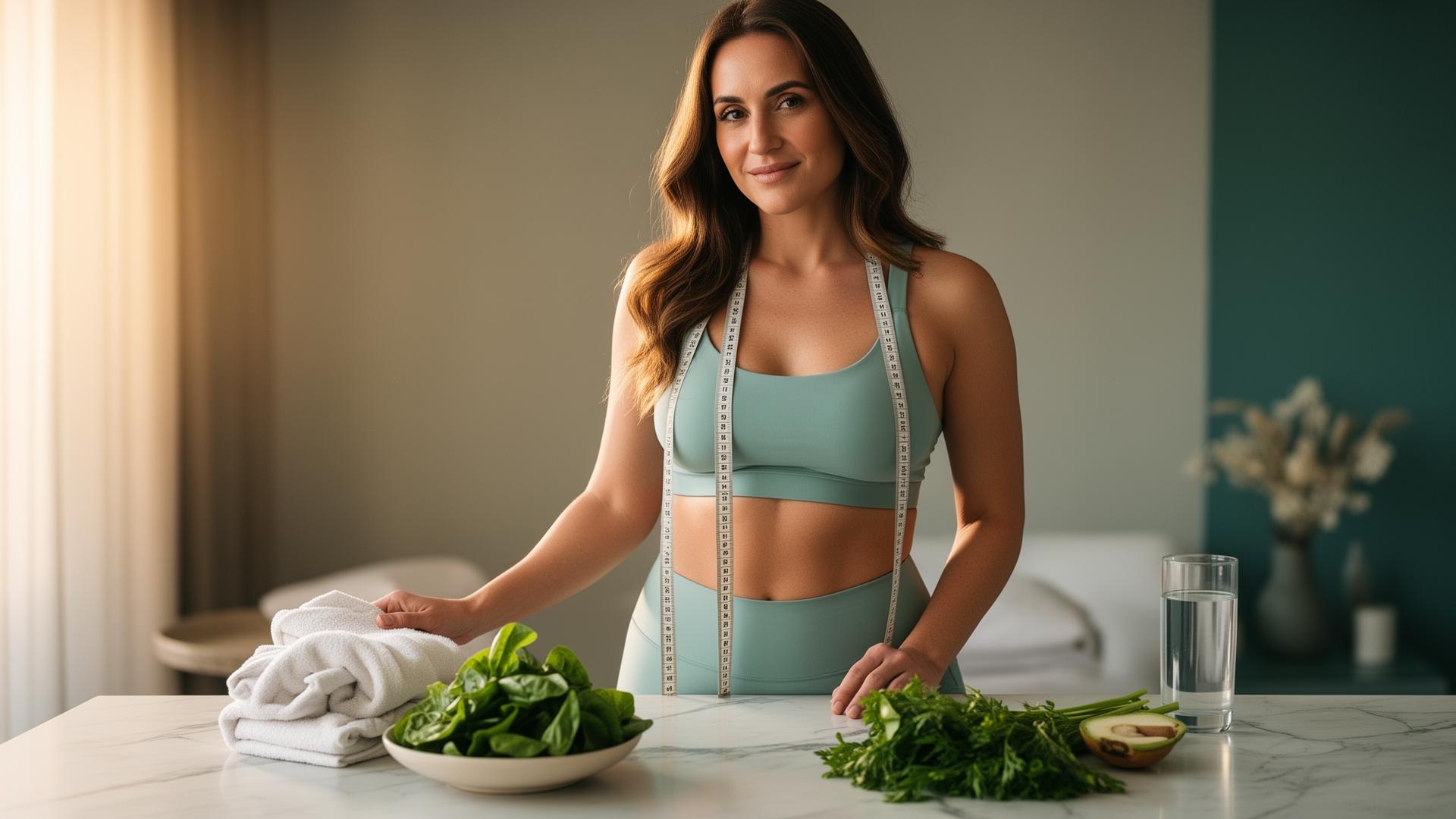 Woman in athleisure with measuring tape and fresh greens — concierge medical weight loss in NYC