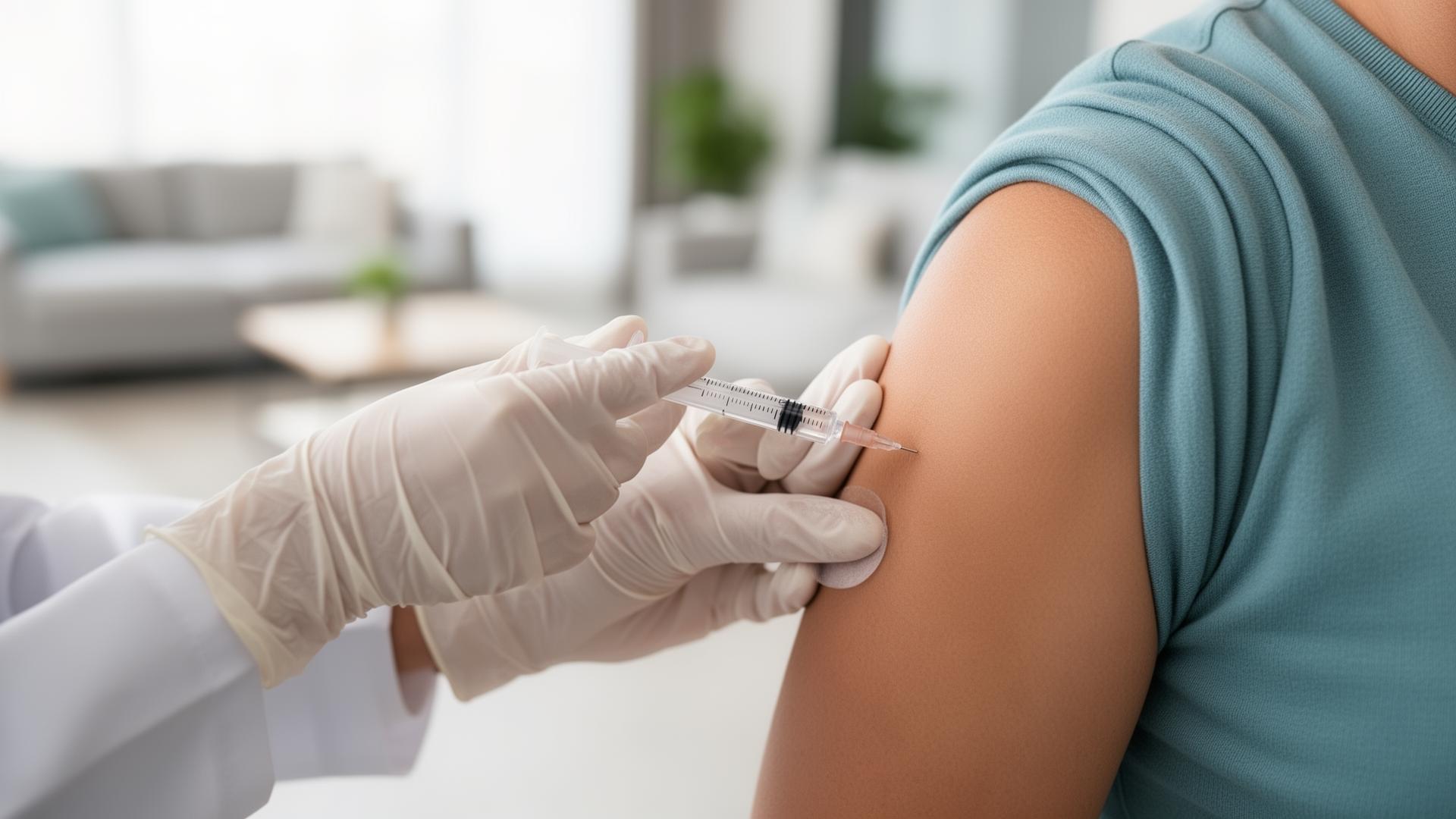 Provider gently administering an injection at home
