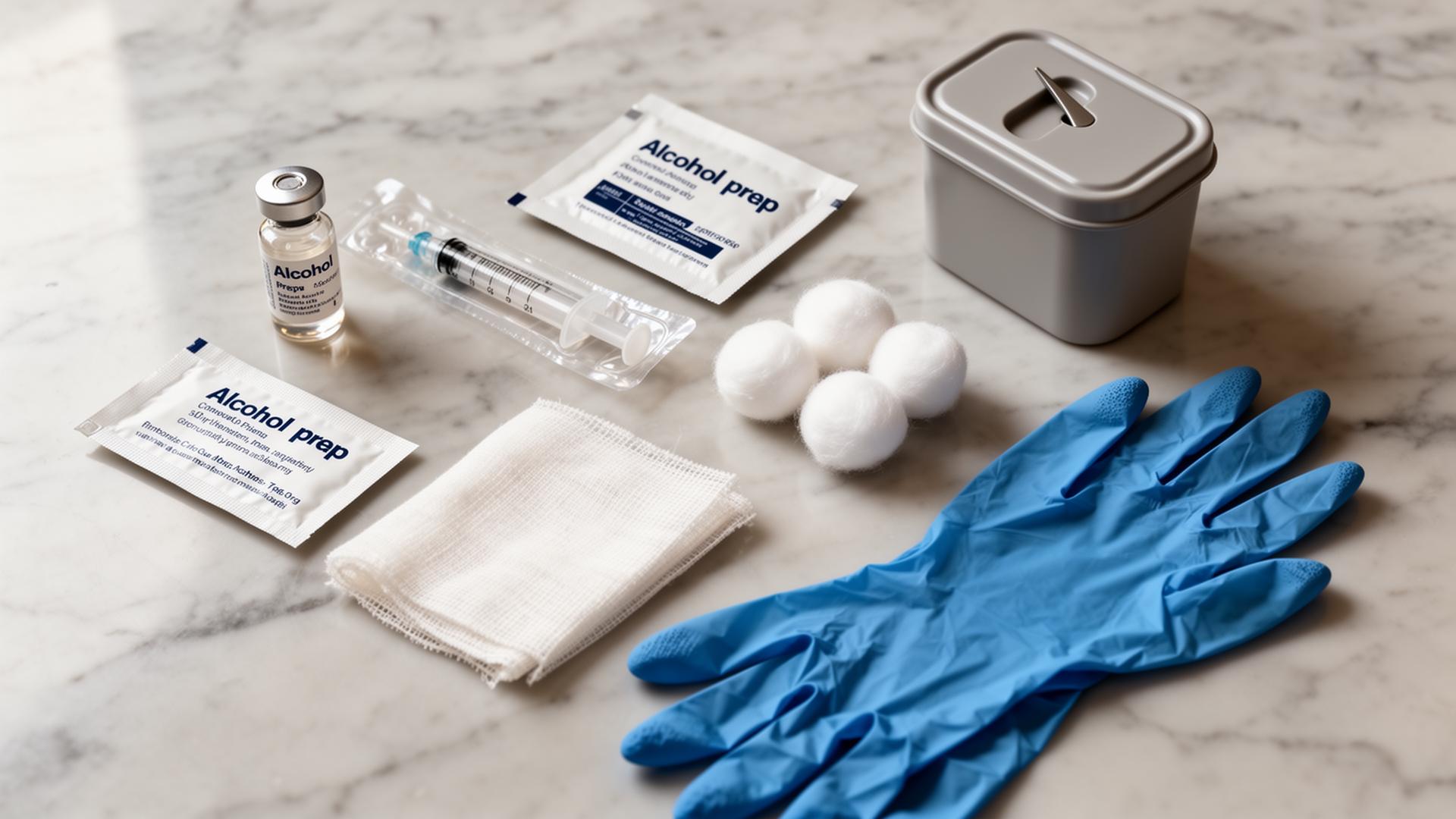 Sterile injection supplies laid out on a marble surface