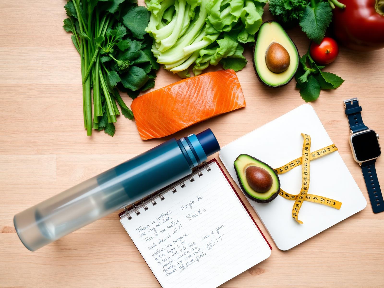 Healthy meal planning flatlay with fresh produce, water, journal and smartwatch